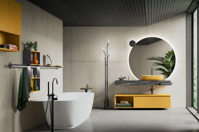 Composizione bagno Segno gialla sospesa con specchio circolare su parete grigia.