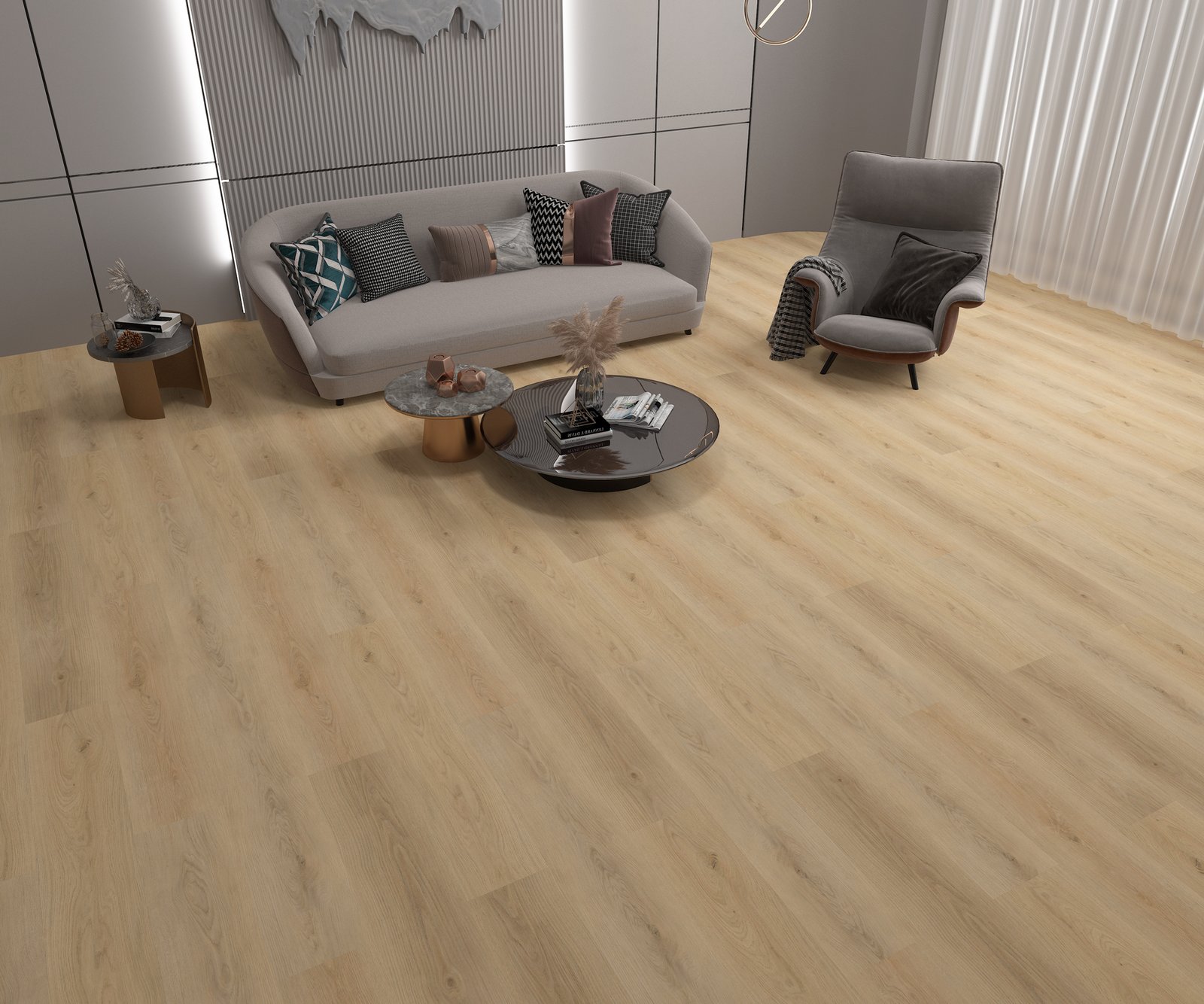 Ambientazione ufficiale Casa Design Living Sand con pavimento SPC effetto legno