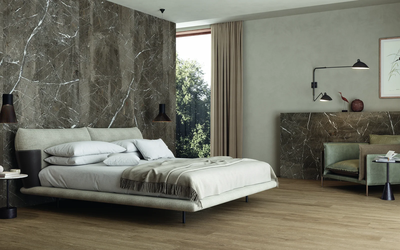 Camera con parete effetto pietra The Rock di Imola Ceramica