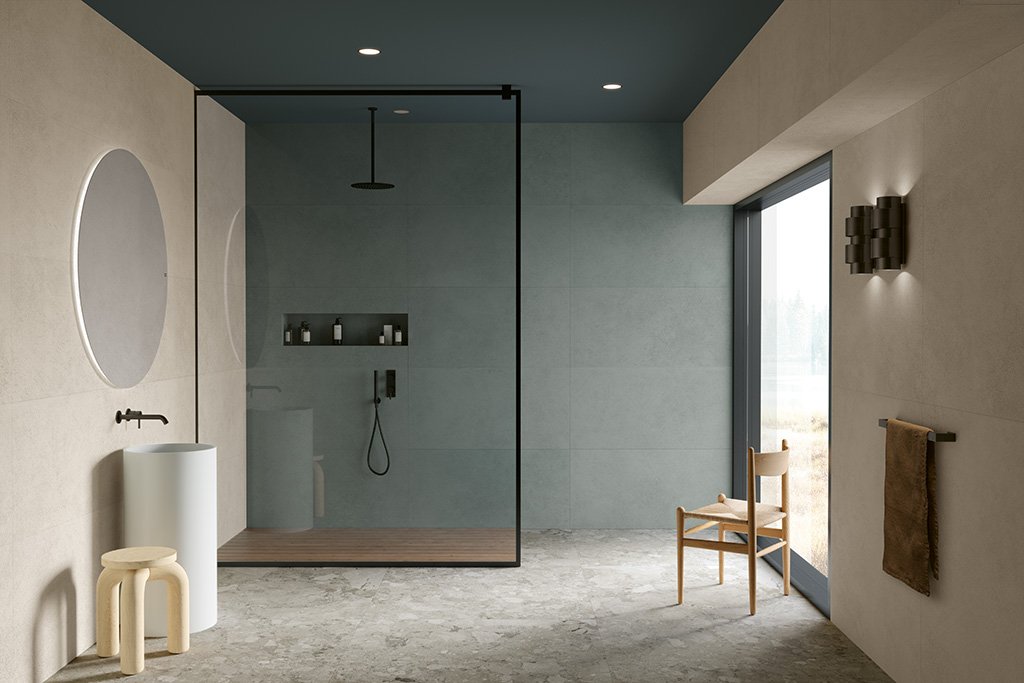 Ambiente bagno THE_COLOR Grey-Blue e Mud di Fioranese
